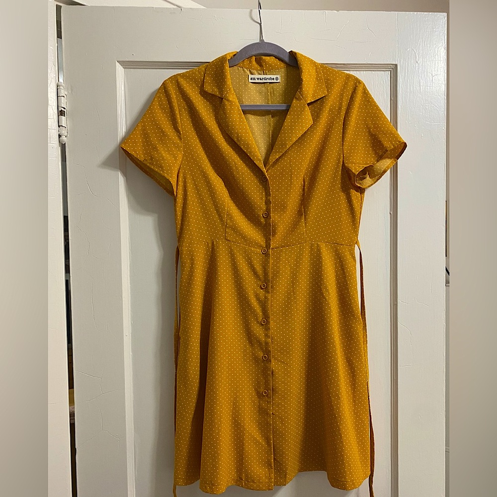 SM Wardrobe Mustard Dot Button-Front Shirt Dress